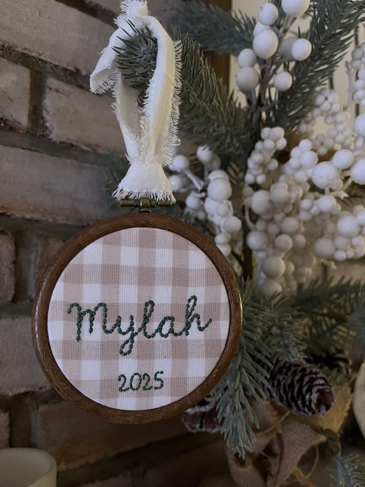 4" Embroidered Name Ornament - Tan Checkered