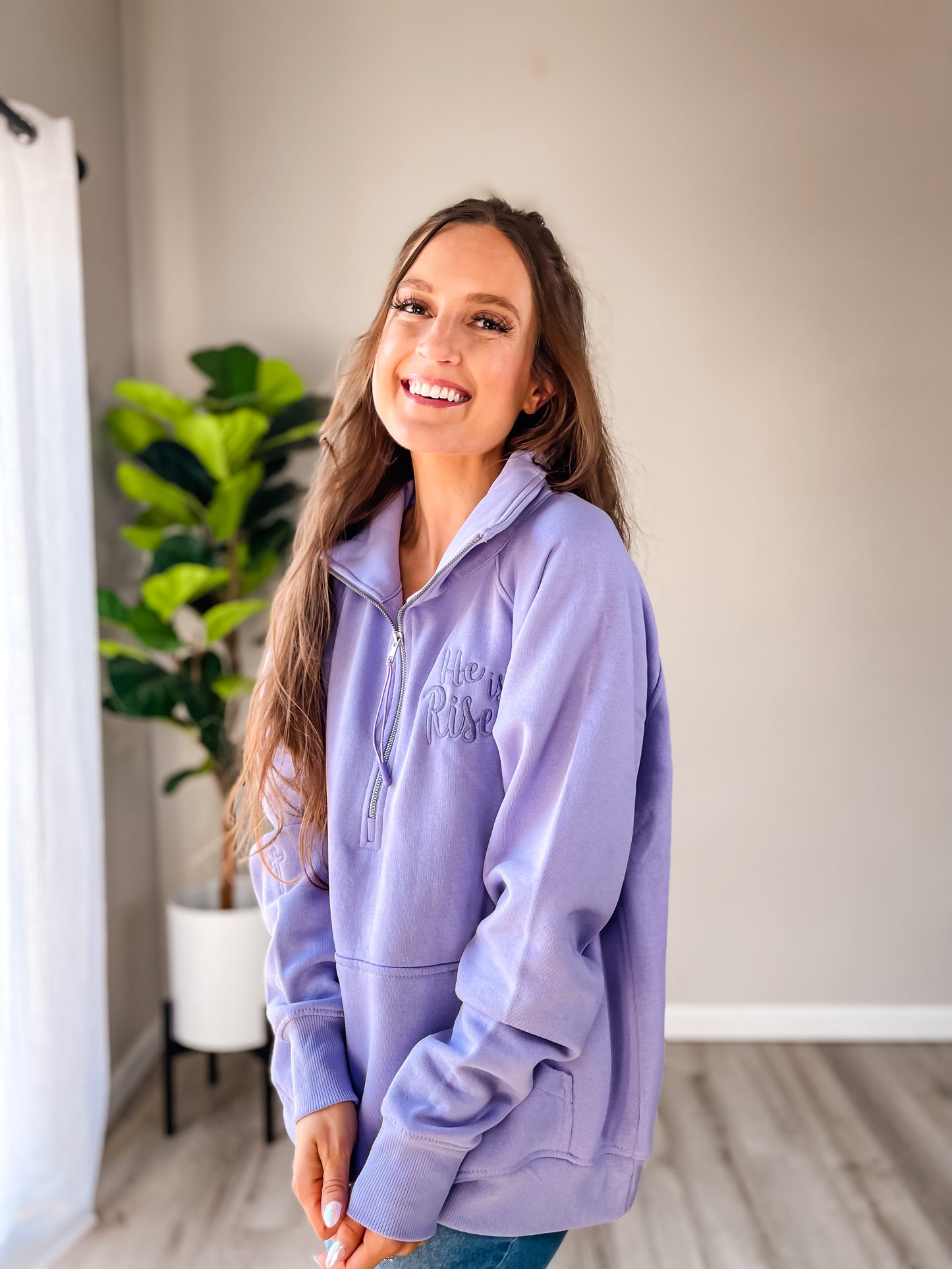 He is Risen Embroidered Quarter Zip Sweatshirt – Christian Women’s Lavender Top