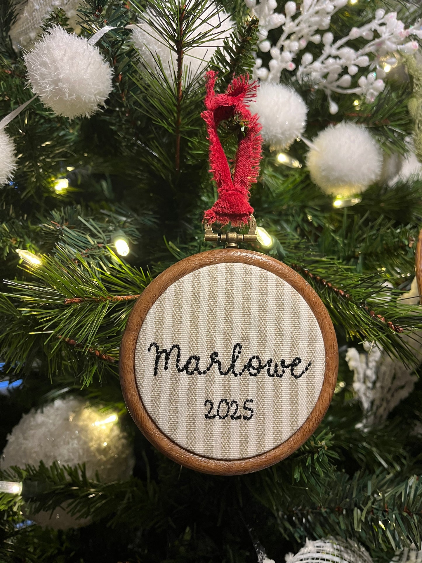 5" Embroidered Name Ornament - Tan stripe