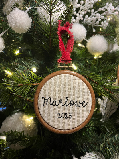 5" Embroidered Name Ornament - Tan stripe