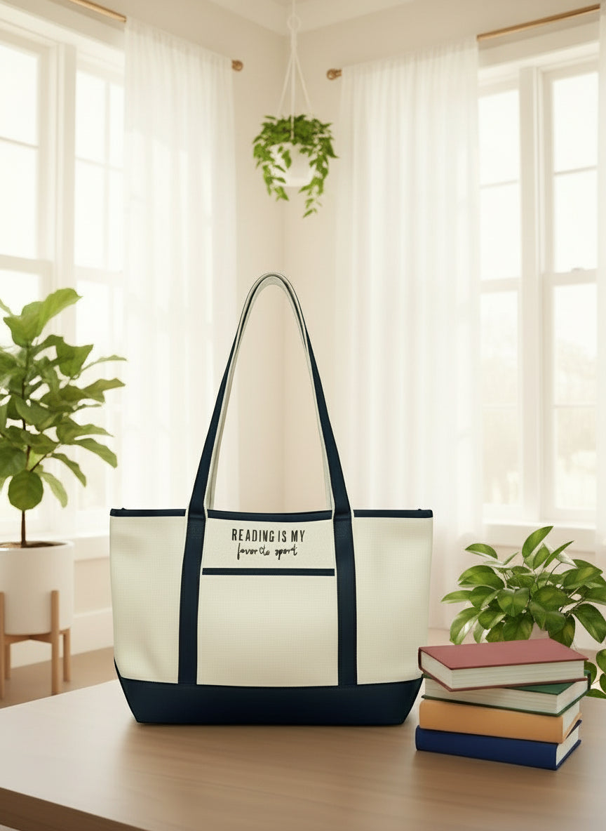 reading themed canvas tote bag with navy accents on a table with books and plants