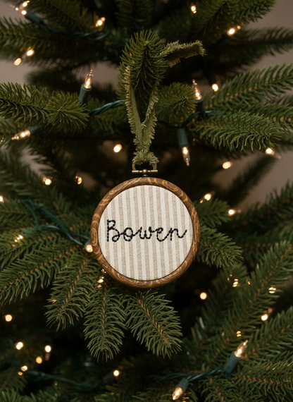 round embroidered name ornament 