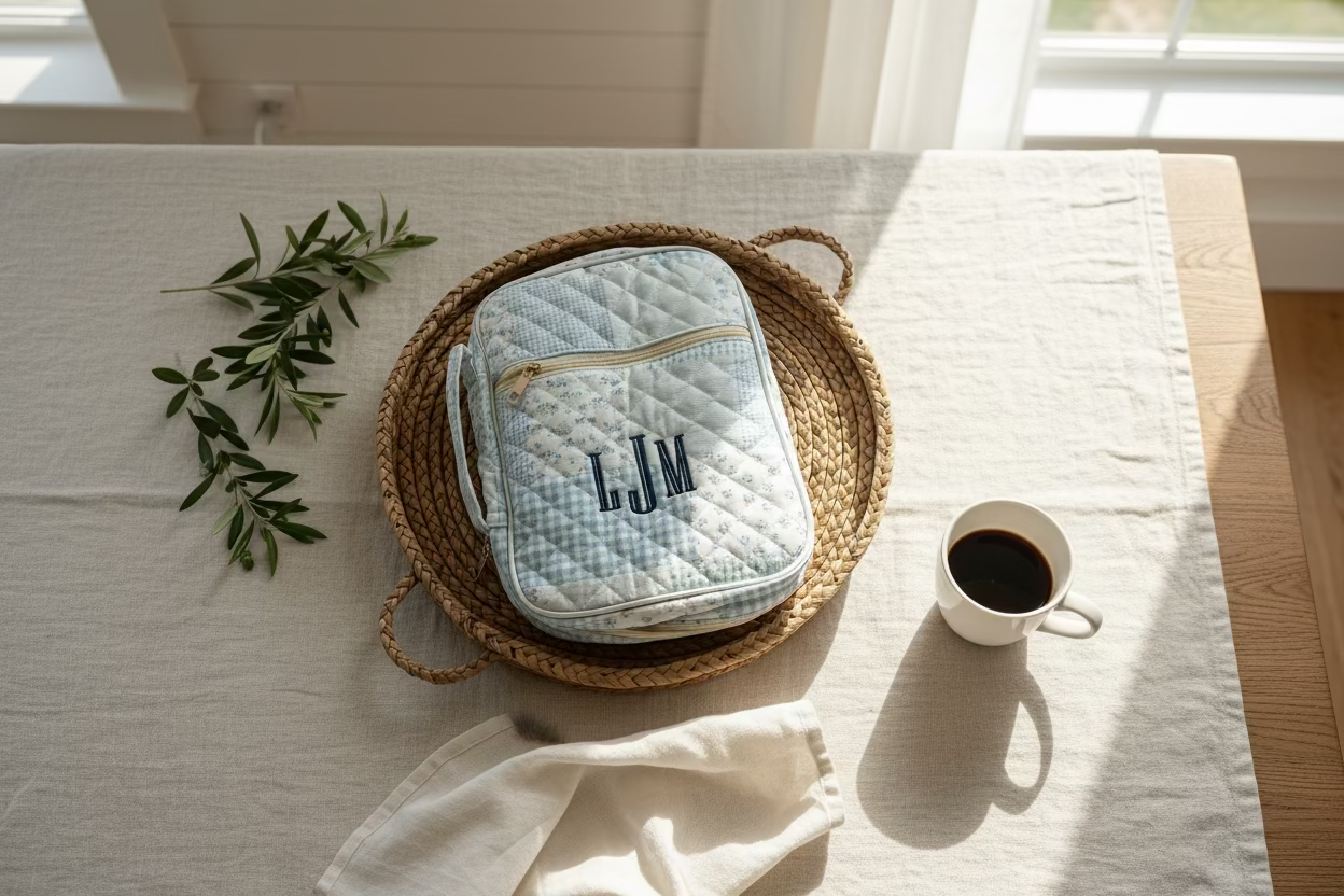 Quilted blue bible case
 with monogram 'LJM' on a woven mat