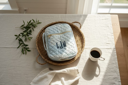 Quilted blue bible case
 with monogram 'LJM' on a woven mat