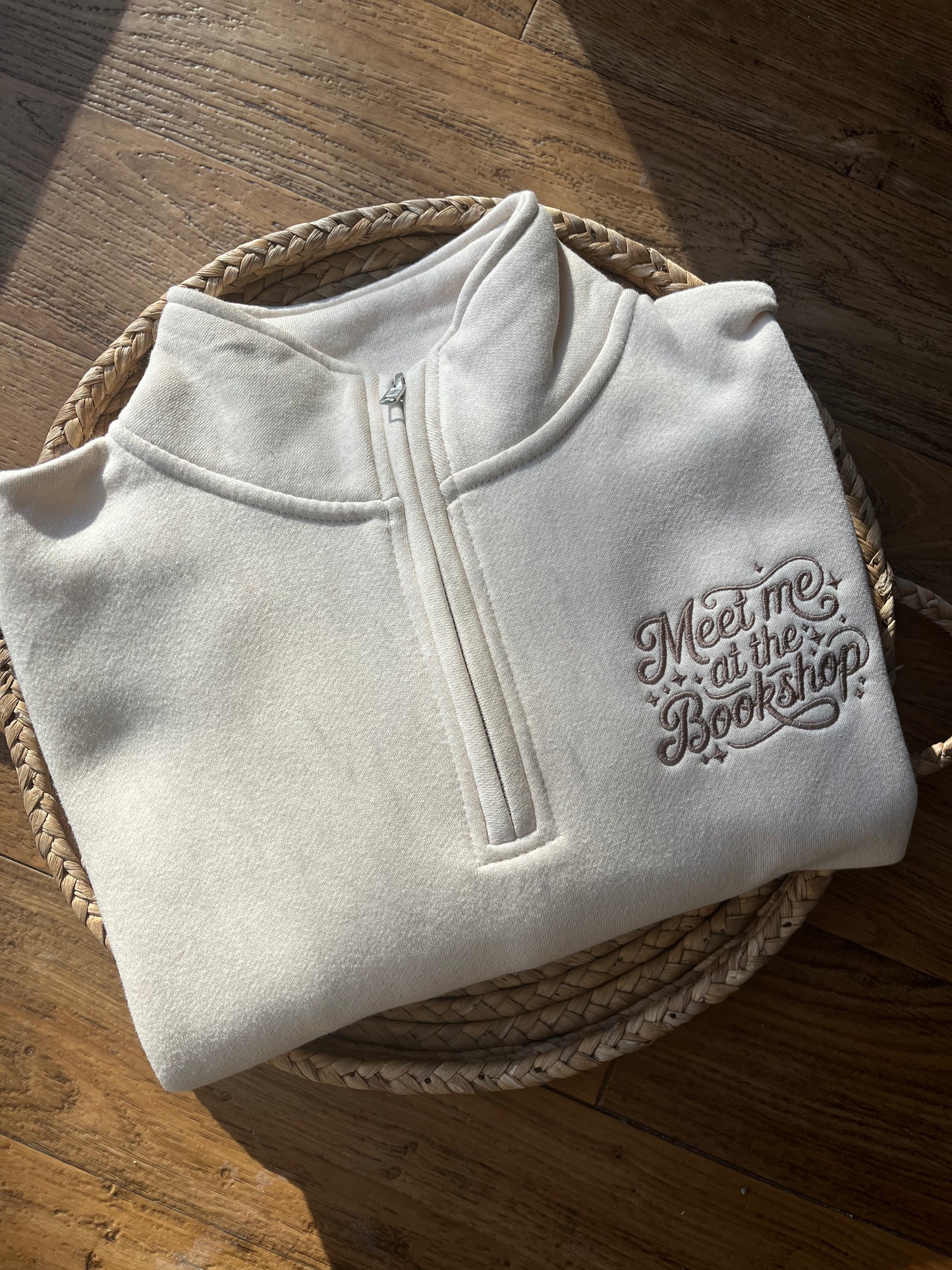 Meet Me at the Bookshop Quarter Zip Sweatshirt – Tan Embroidered Pullover for Women