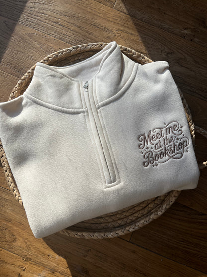 Meet Me at the Bookshop Quarter Zip Sweatshirt – Tan Embroidered Pullover for Women
