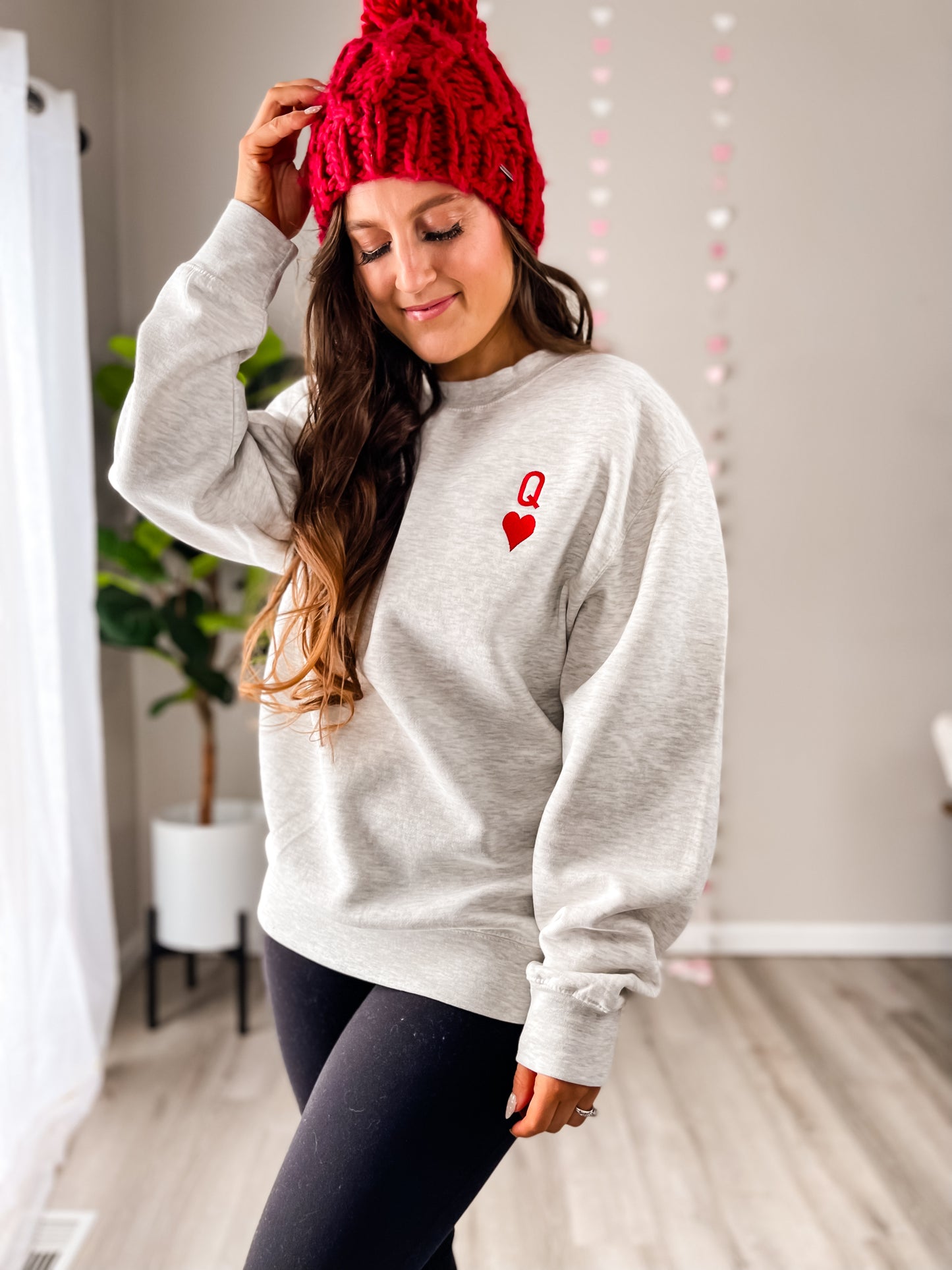 Embroidered Queen of Hearts Sweatshirt - Gray
