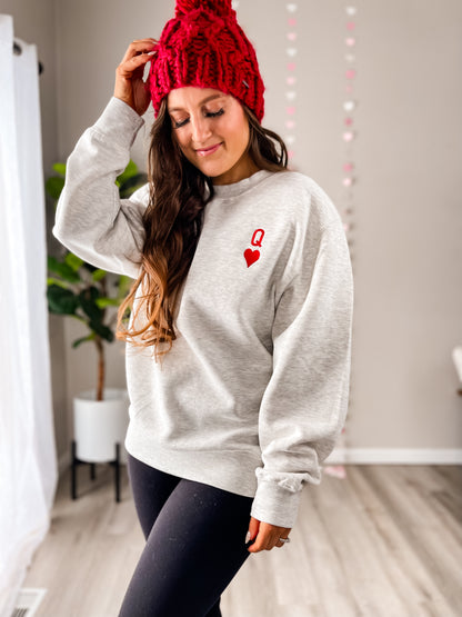 Embroidered Queen of Hearts Sweatshirt - Gray