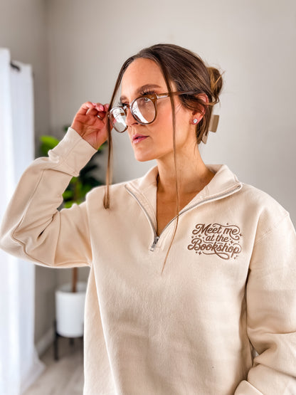 Meet Me at the Bookshop Quarter Zip Sweatshirt – Tan Embroidered Pullover for Women