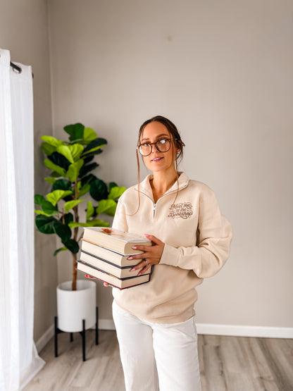 Meet Me at the Bookshop Quarter Zip Sweatshirt – Tan Embroidered Pullover for Women