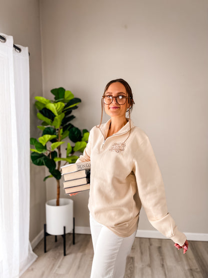 Meet Me at the Bookshop Quarter Zip Sweatshirt – Tan Embroidered Pullover for Women