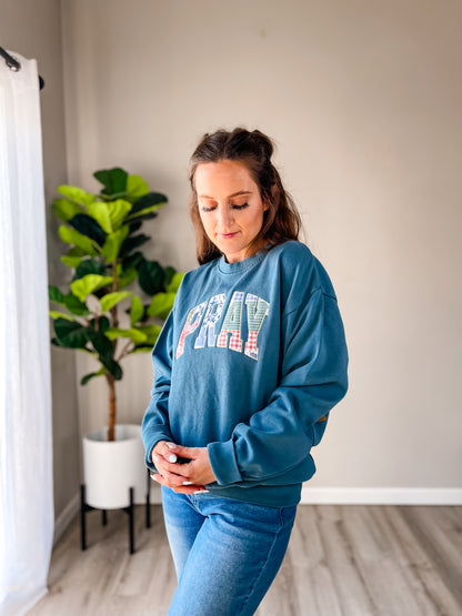 Teal Patchwork PRAY Embroidered Sweatshirt – Christian Women’s Faith Crewneck