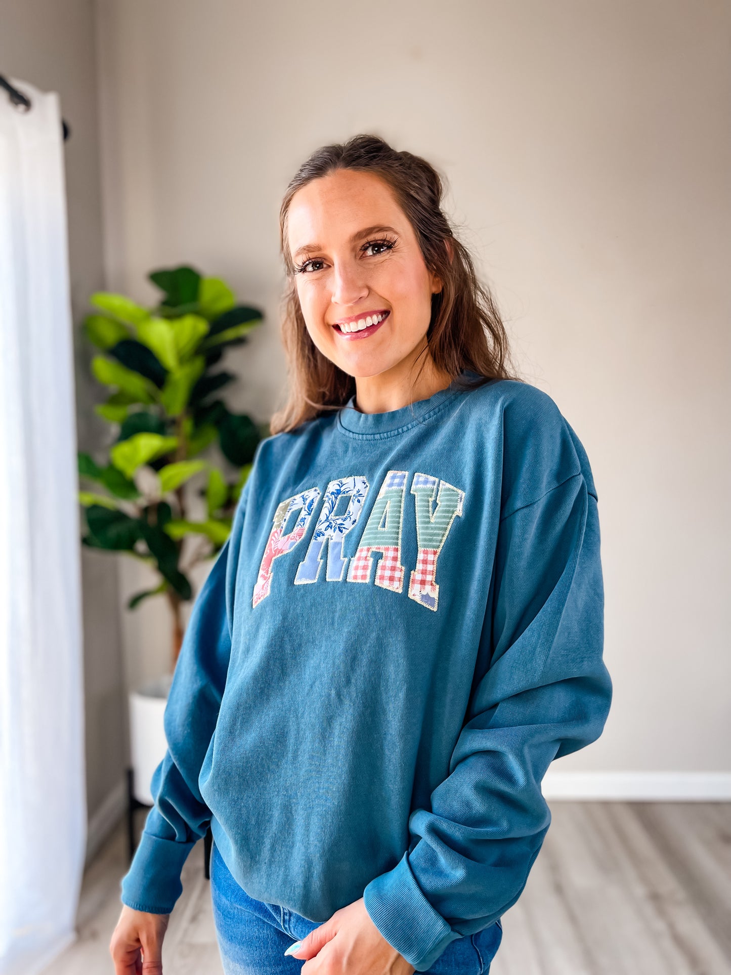 Teal Patchwork PRAY Embroidered Sweatshirt – Christian Women’s Faith Crewneck