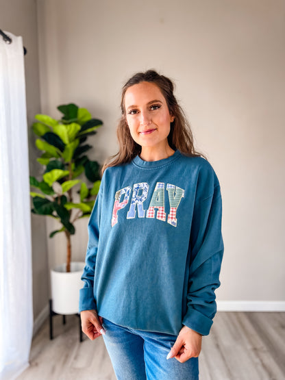 Teal Patchwork PRAY Embroidered Sweatshirt – Christian Women’s Faith Crewneck