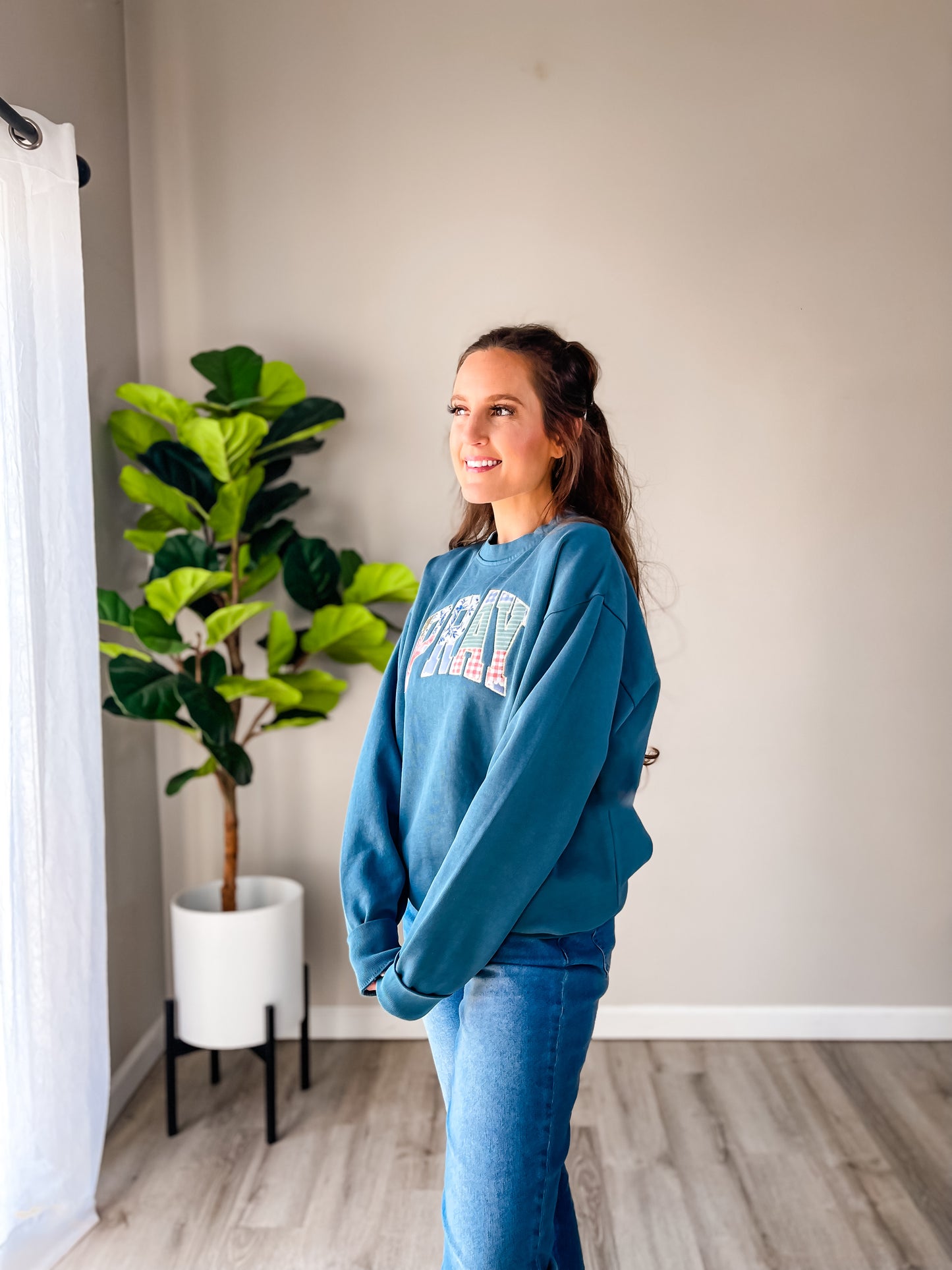Teal Patchwork PRAY Embroidered Sweatshirt – Christian Women’s Faith Crewneck