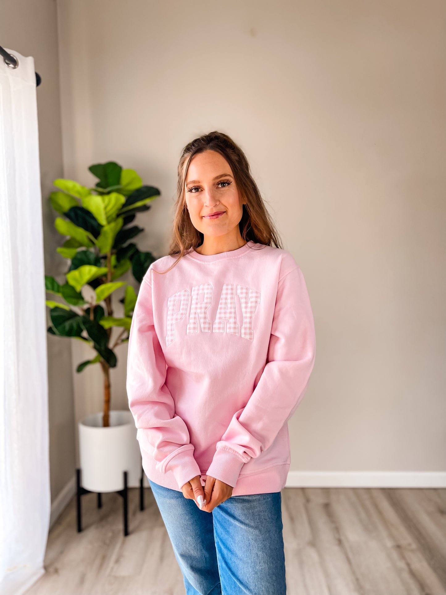 Blush Pink PRAY Embroidered Sweatshirt for Women | Christian Faith Crewneck | Inspirational Cozy Pullover
