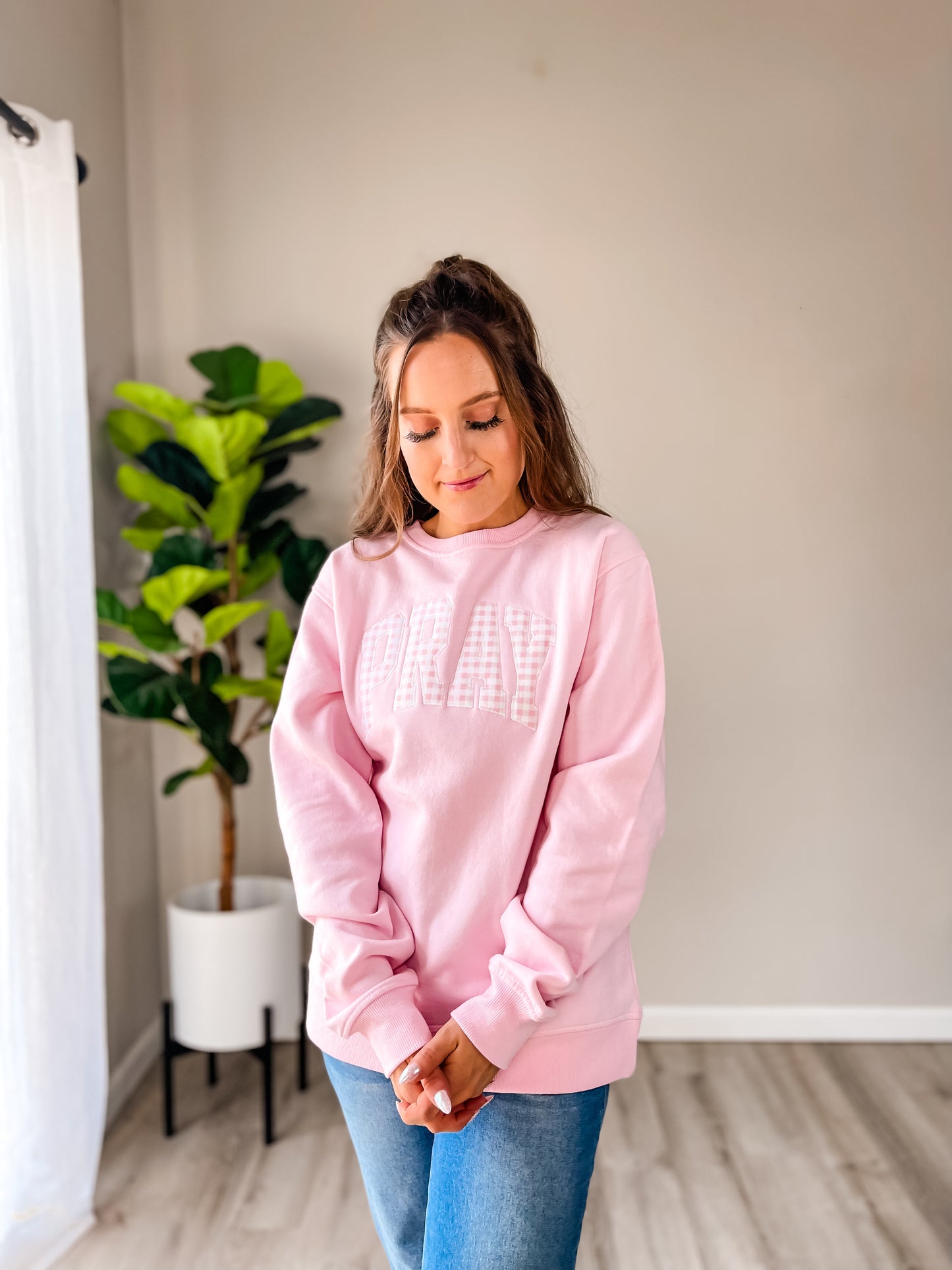 Blush Pink PRAY Embroidered Sweatshirt for Women | Christian Faith Crewneck | Inspirational Cozy Pullover