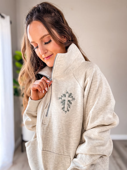 Oatmeal Heather Quarter Zip Sweatshirt with Embroidered Dusty Green Cross – Cozy Women’s Christian Quarter Zip