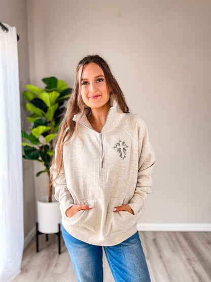 Oatmeal Heather Quarter Zip Sweatshirt with Embroidered Dusty Green Cross – Cozy Women’s Christian Quarter Zip
