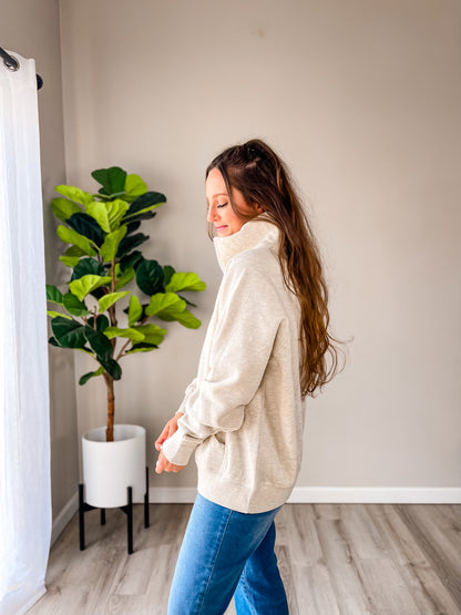 Oatmeal Heather Quarter Zip Sweatshirt with Embroidered Dusty Green Cross – Cozy Women’s Christian Quarter Zip