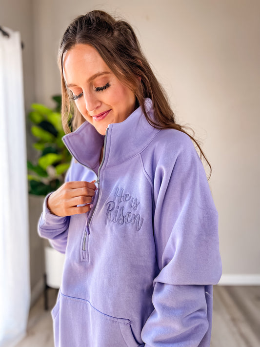 He is Risen Embroidered Quarter Zip Sweatshirt – Christian Women’s Lavender Top
