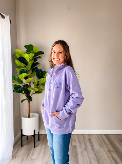 He is Risen Embroidered Quarter Zip Sweatshirt – Christian Women’s Lavender Top