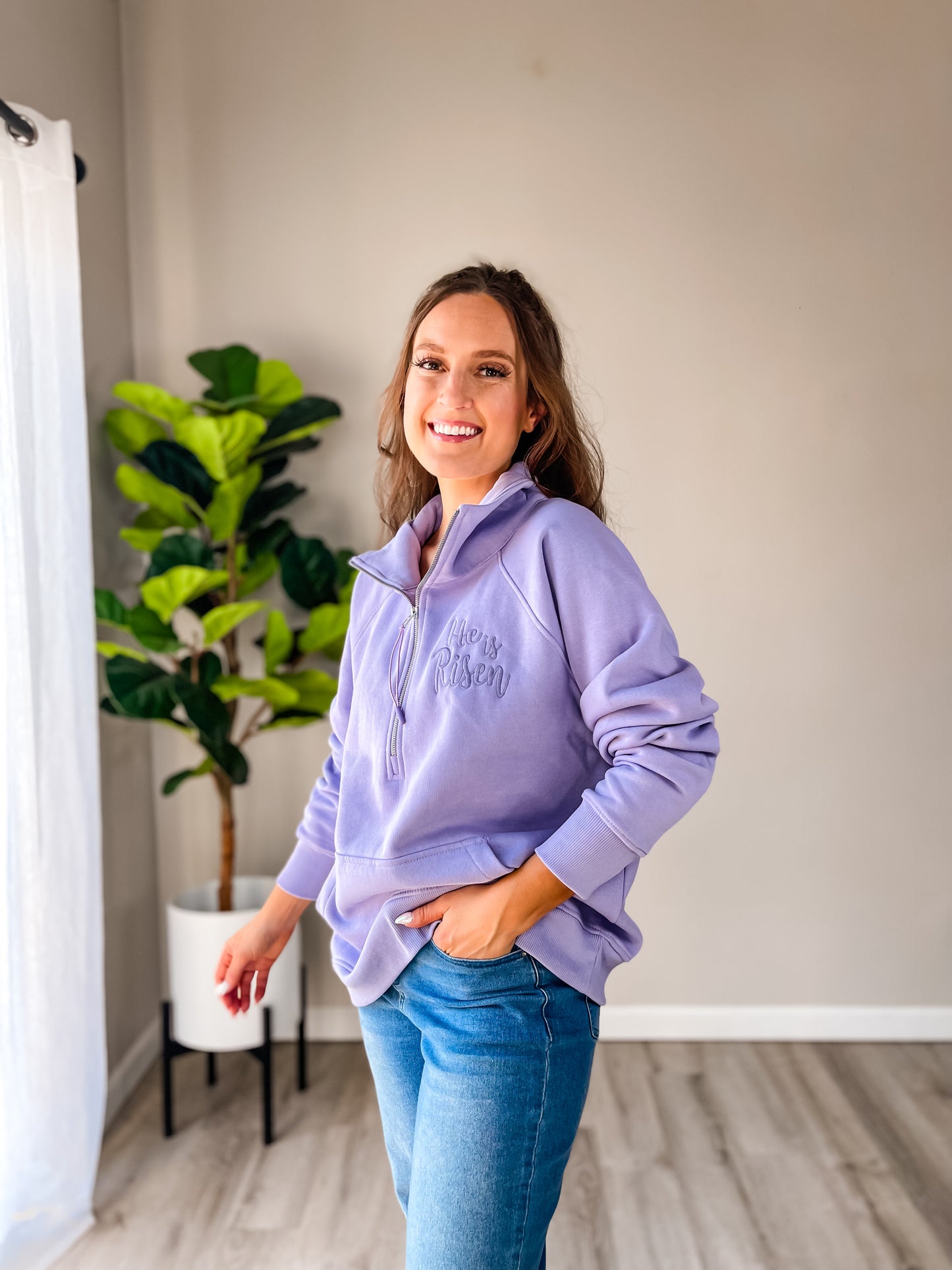 He is Risen Embroidered Quarter Zip Sweatshirt – Christian Women’s Lavender Top