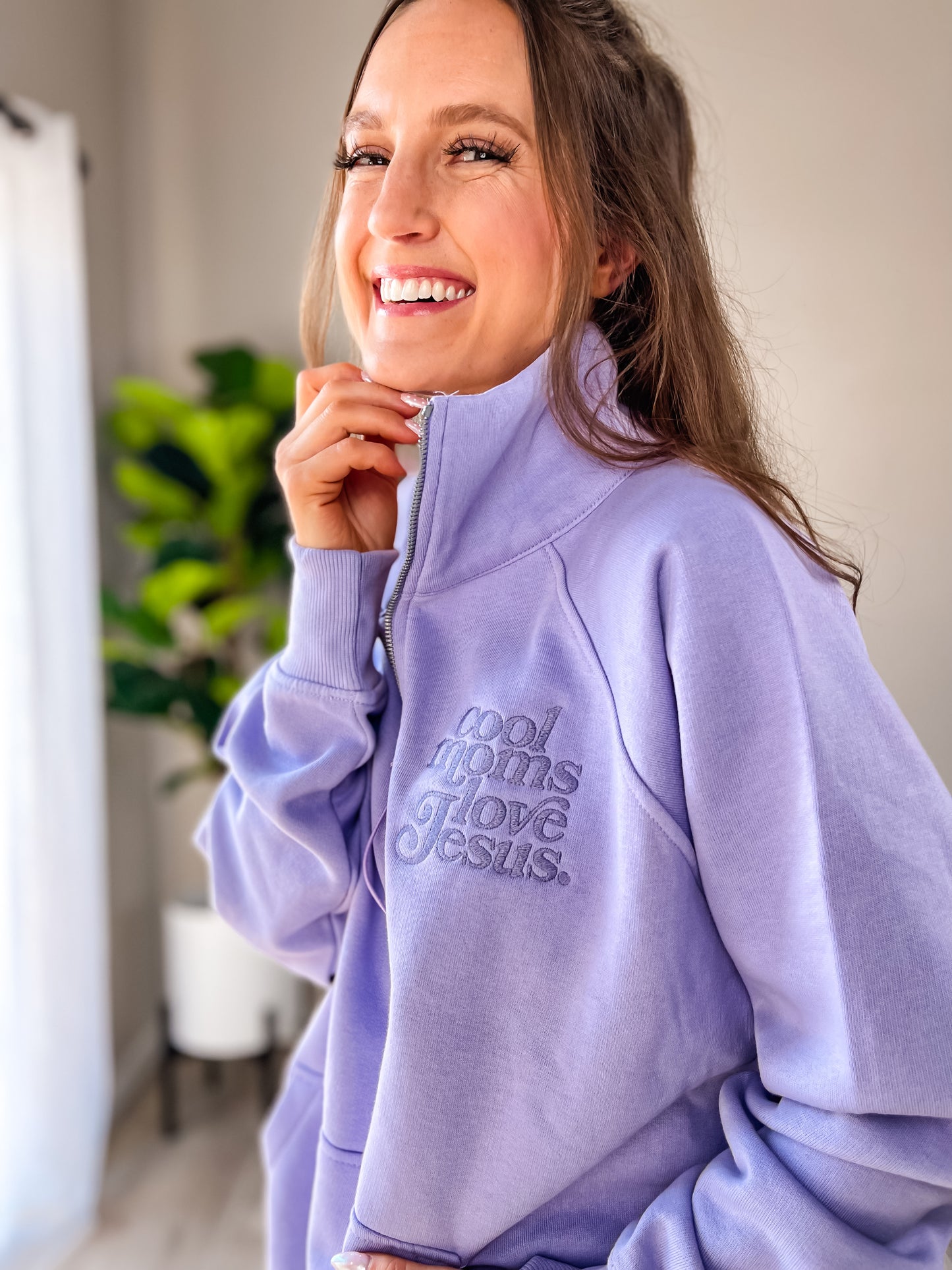 Lavender “Cool Moms Love Jesus” Embroidered Quarter Zip Sweatshirt – Christian Women’s Top