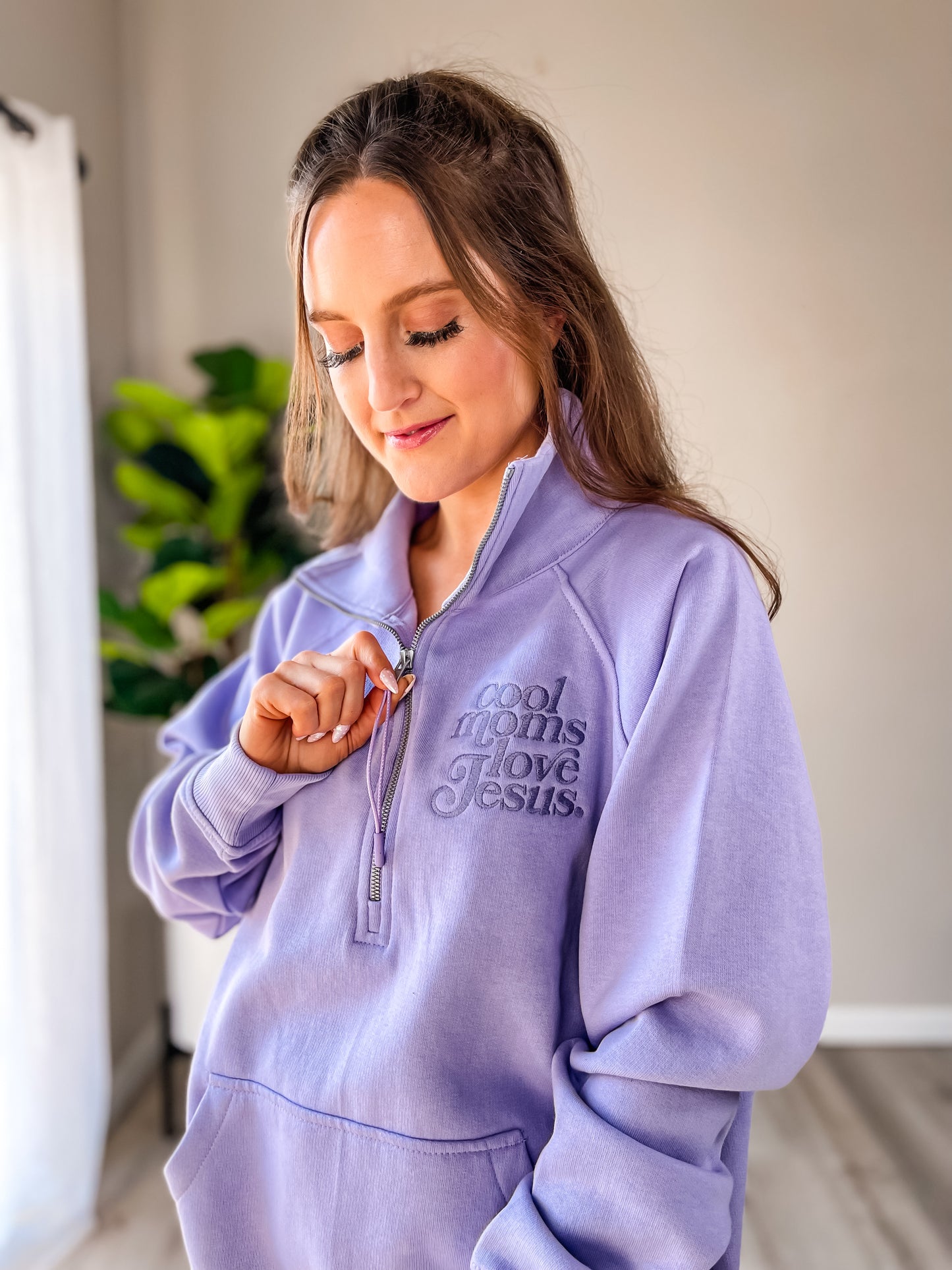 Lavender “Cool Moms Love Jesus” Embroidered Quarter Zip Sweatshirt – Christian Women’s Top