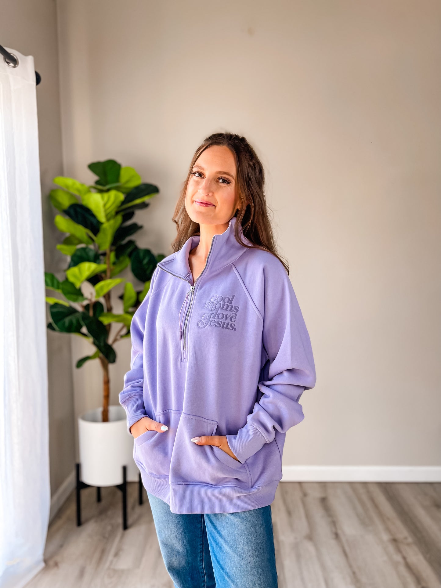 Lavender “Cool Moms Love Jesus” Embroidered Quarter Zip Sweatshirt – Christian Women’s Top