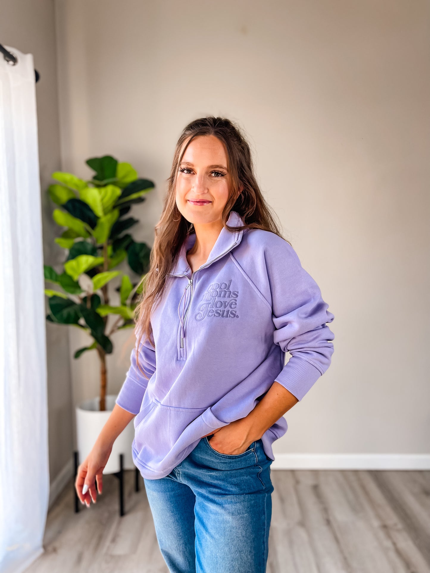 Lavender “Cool Moms Love Jesus” Embroidered Quarter Zip Sweatshirt – Christian Women’s Top