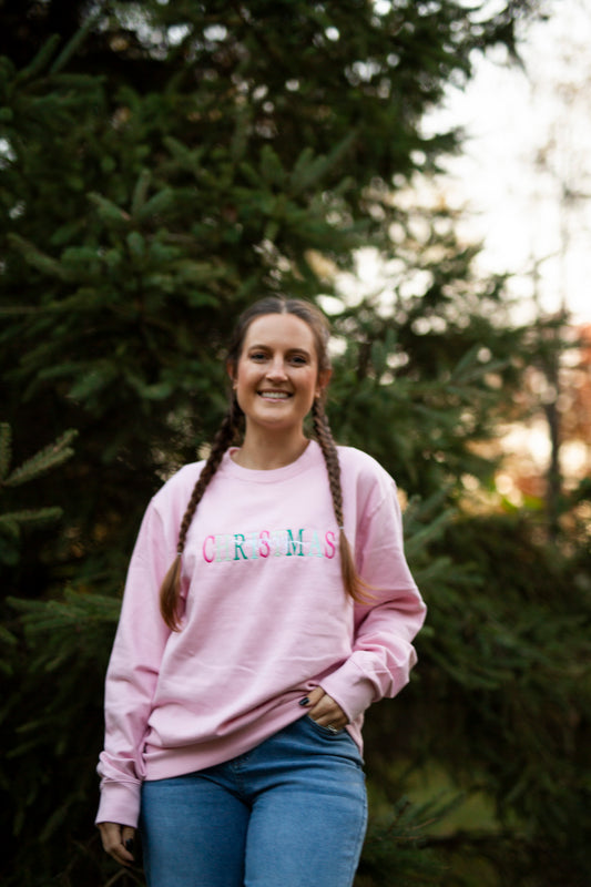 Women's Christmas Sweatshirt Embroidered  - Pink